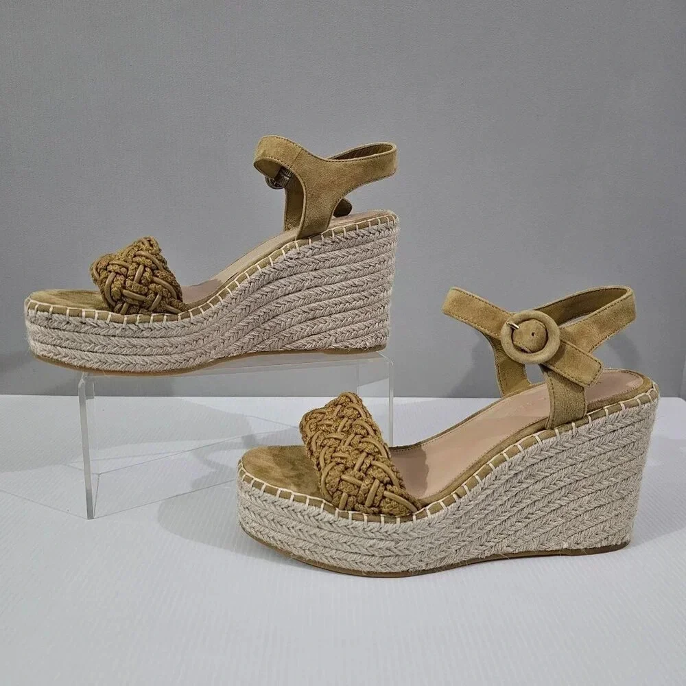Veronica Beard Reema Espadrille Wedge Sandal Womens 10 Woven Mustard Leather NEW